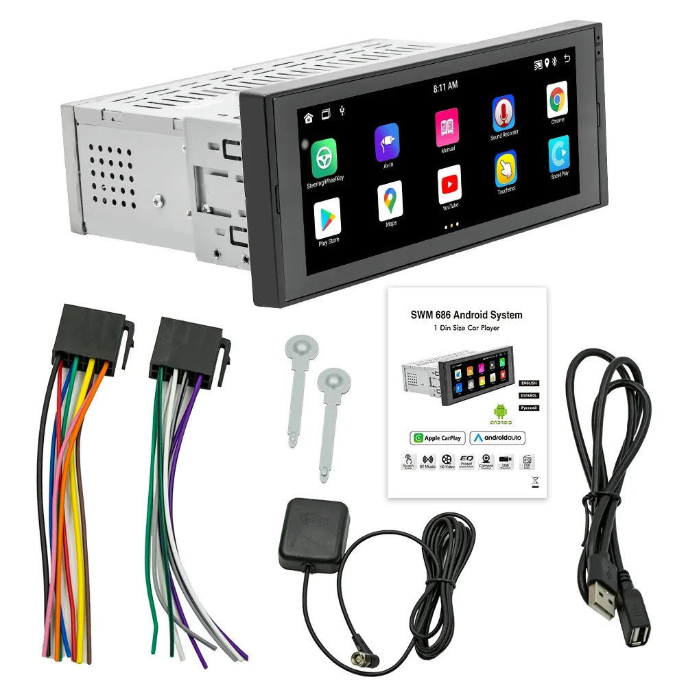 1 Din Android Car Radio Wireless CarPlay Mirror Link Bluetooth WiFi Android-Auto 6.86 Inches GPS Navigation Multimedia Player
