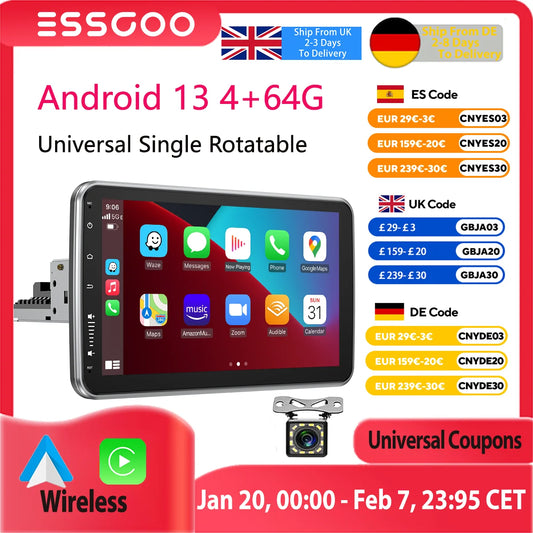 ESSGOO Android 13 10.1 Inch Universal Single Rotatable Car Radio Auto Carplay Multimedia Player GPS Navi Automotive Stereo