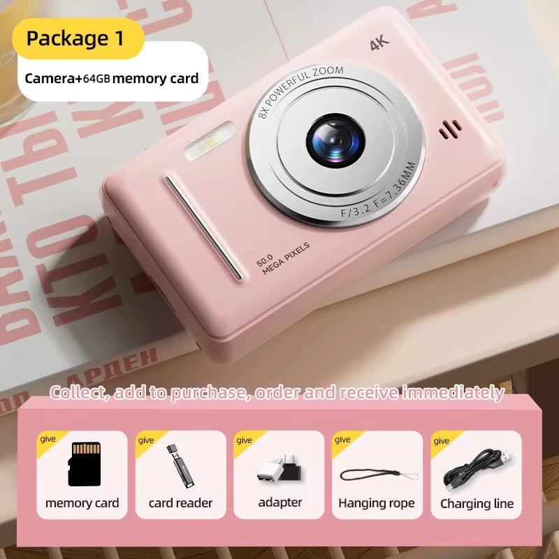 2025 New 4K Digital Camera Retro CCD 50 Million Pixels Portable Card Camera Entry-level Camera Dual Cam Flash 8X Zoom Auto Focus