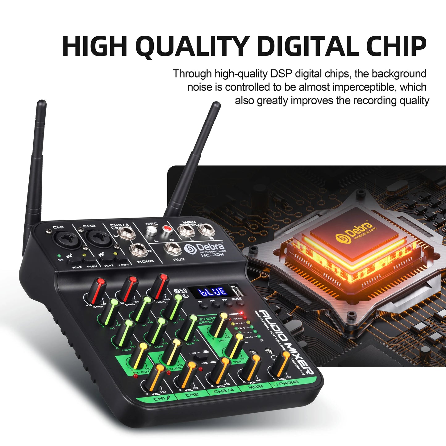 Debra 4 Channels Audio Mixer UHF Wireless Microphone Audio Interface Mixing Console Bluetooth Record PC  Delay Repaeat Effect