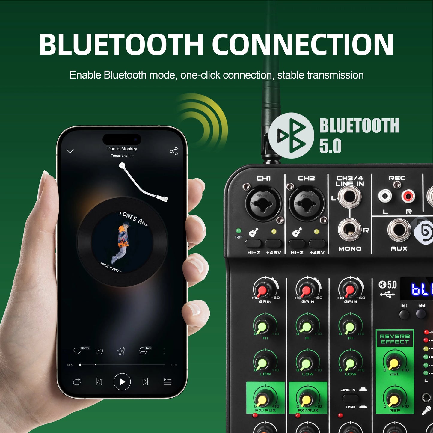 Debra 4 Channels Audio Mixer UHF Wireless Microphone Audio Interface Mixing Console Bluetooth Record PC  Delay Repaeat Effect