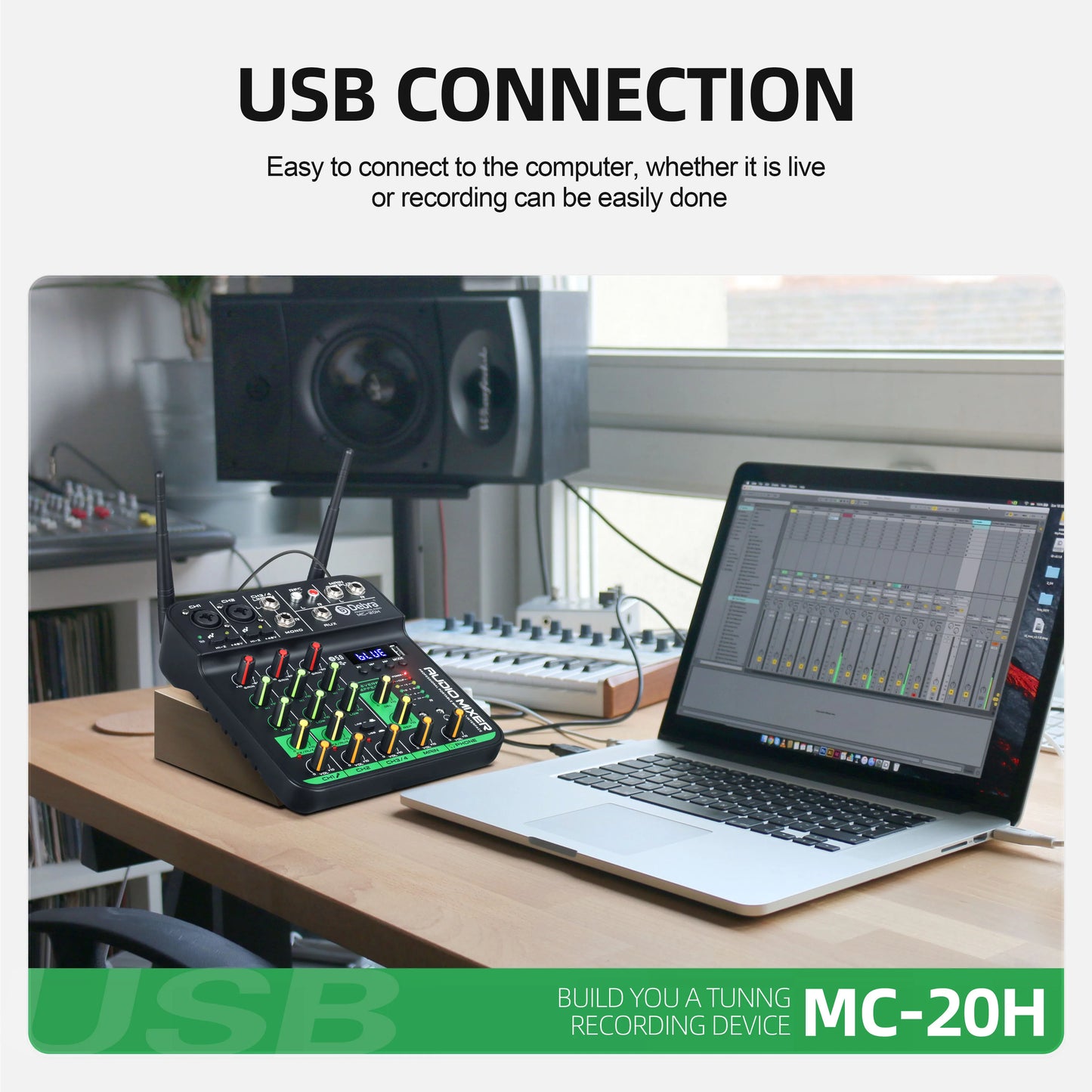 Debra 4 Channels Audio Mixer UHF Wireless Microphone Audio Interface Mixing Console Bluetooth Record PC  Delay Repaeat Effect