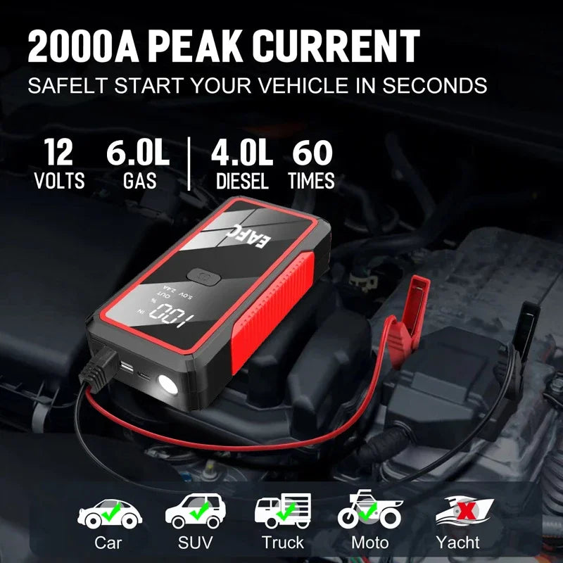 EAFC 2000A/1200A Portable Car Portable Jump Starter With Power Bank Fast Charge 12V Auto Battery Charger Booster Starting Device