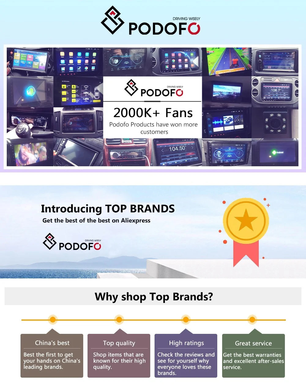 Podofo 2+32G Android Car Radio 7'' 1Din Multimedia Player Carplay Android Auto GPS Navigation WIFI EQ Split Screen Car Stereo