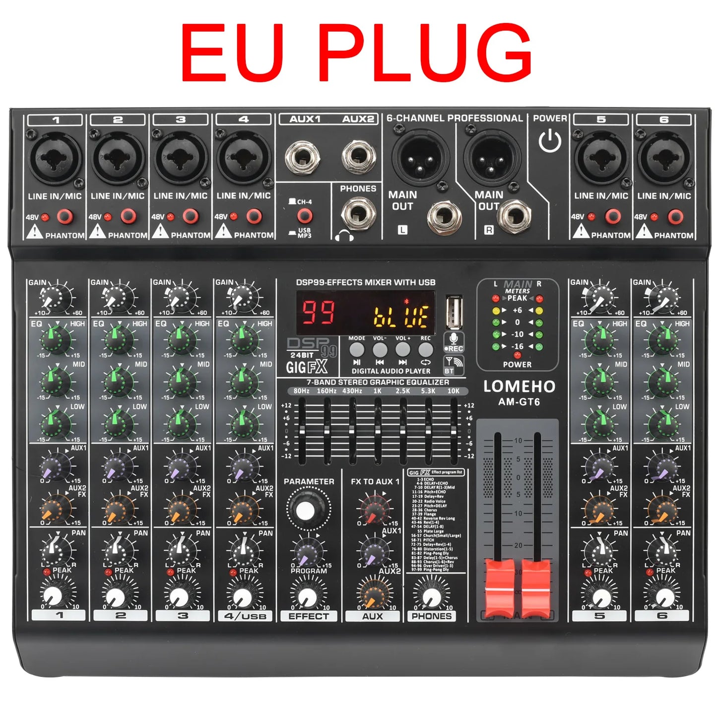 LOMEHO 6 Mono Channels Mixing Console 99 Digital Effects Bluetooth USB PC Sound Audio Mixer with 48V for Karaoke Church AM-GT6