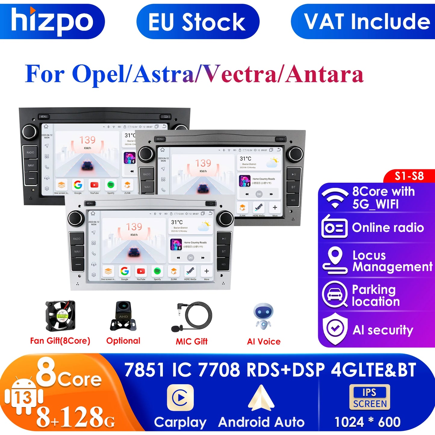 8G+128G 2Din Android 13 Car GPS Navigation Autoradio for Opel Astra H G J Antara Vectra C B Vivaro Corsa C D Zafira B Stereo RDS