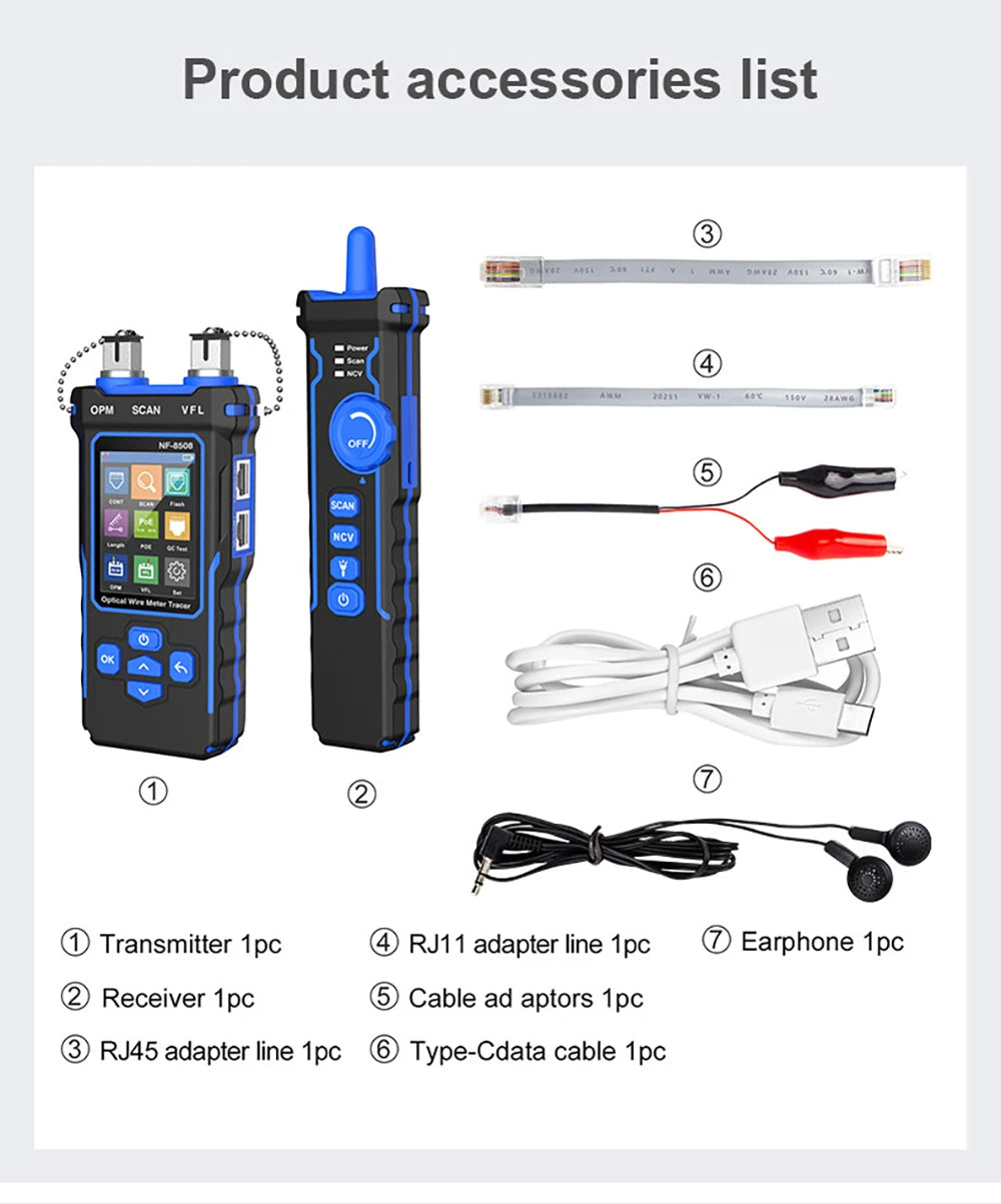 NOYAFA NF-8508 Cable Tracker LCD Display Network Tools Measure Length Wiremap Tester PoE Checker Optical Power Meter