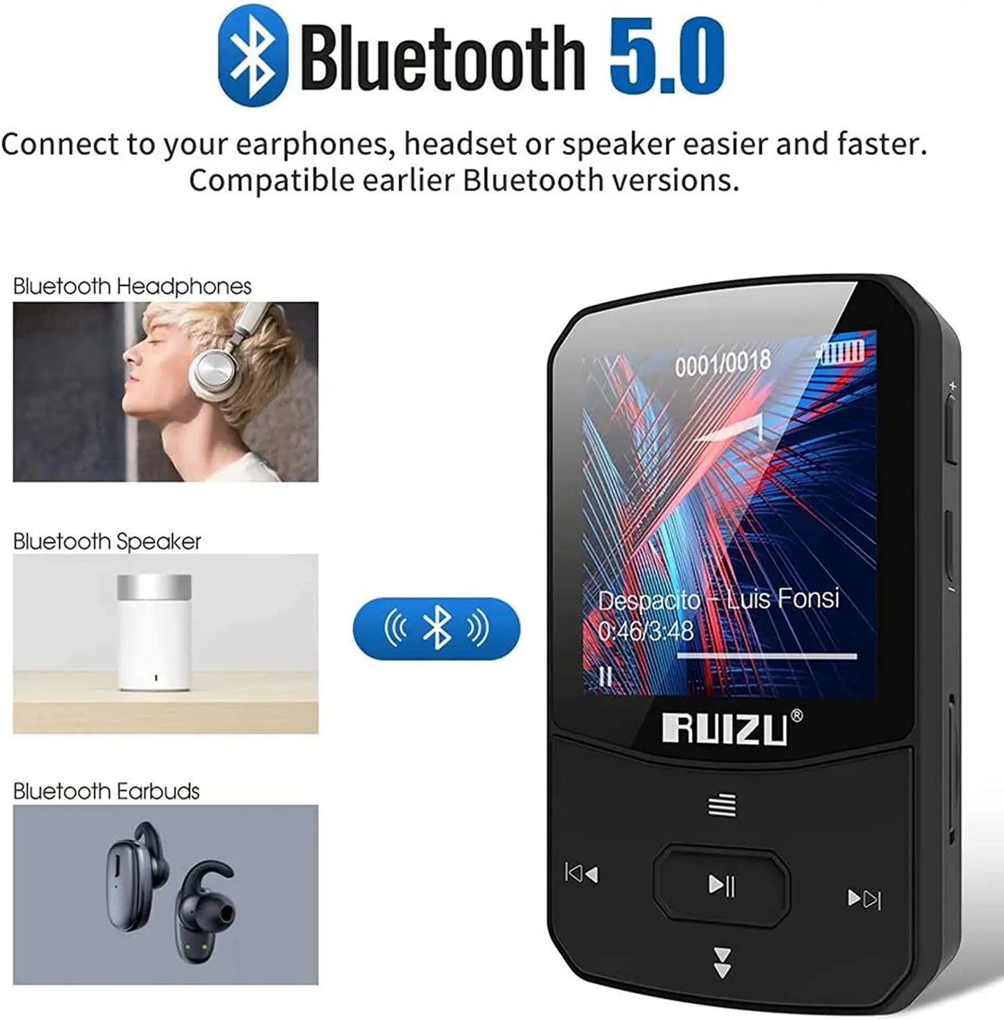RUIZU X52 Sport Bluetooth 5.0 MP3 Music Player  Clip Mini Portable Walkman with Screen FM,Recorder,E-Book,Clock,Pedometer