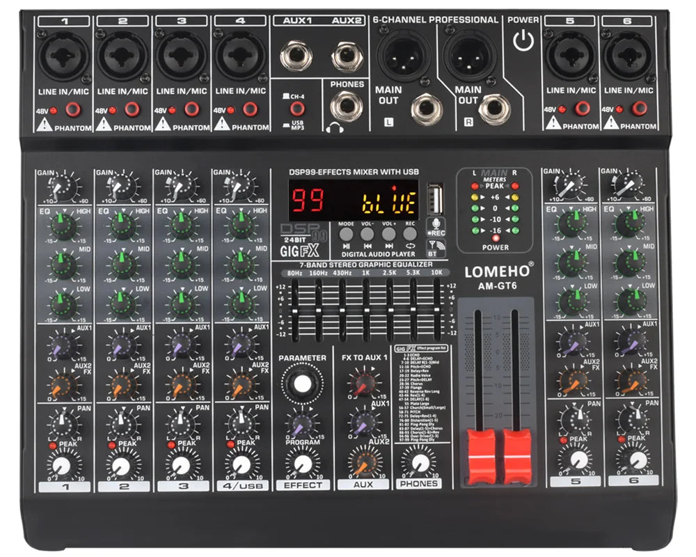 LOMEHO 6 Mono Channels Mixing Console 99 Digital Effects Bluetooth USB PC Sound Audio Mixer with 48V for Karaoke Church AM-GT6