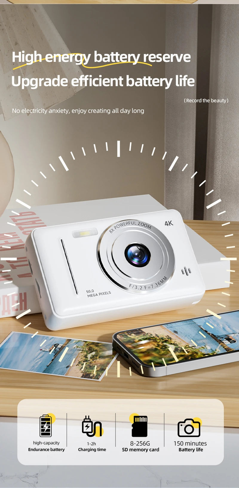 2025 New 4K Digital Camera Retro CCD 50 Million Pixels Portable Card Camera Entry-level Camera Dual Cam Flash 8X Zoom Auto Focus