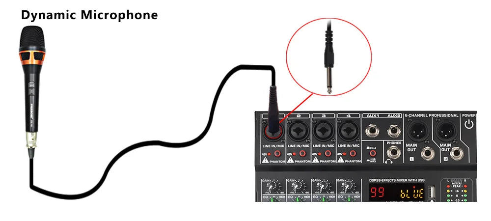 LOMEHO 6 Mono Channels Mixing Console 99 Digital Effects Bluetooth USB PC Sound Audio Mixer with 48V for Karaoke Church AM-GT6