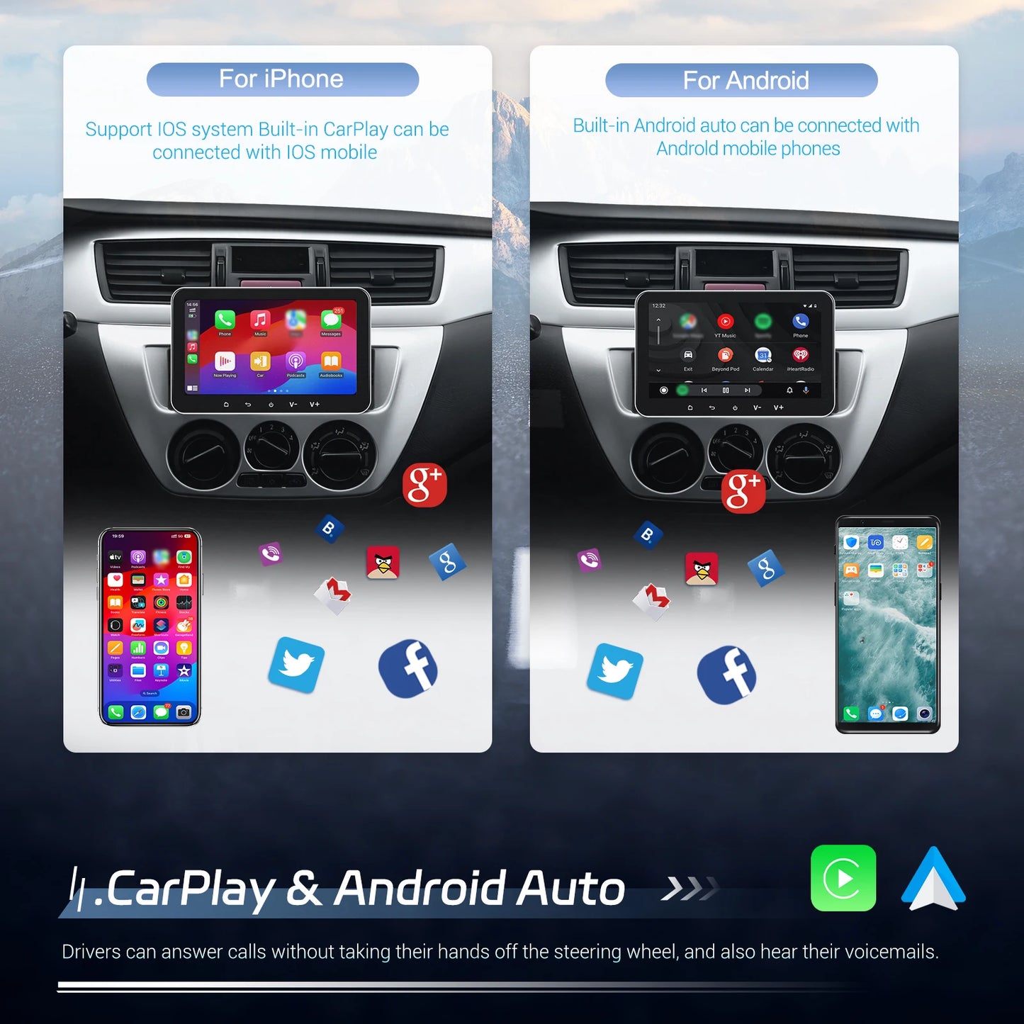 Podofo 2+32G Android Car Radio 7'' 1Din Multimedia Player Carplay Android Auto GPS Navigation WIFI EQ Split Screen Car Stereo