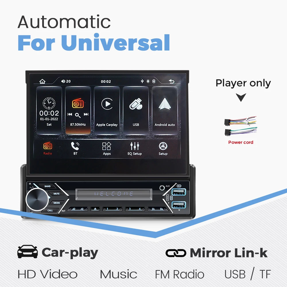 MEKEDE 1Din 7" Retractable Screen MP5 Player Car Radio Android Auto Carplay Universal GPS Navi Car Multimedia Intelligent System
