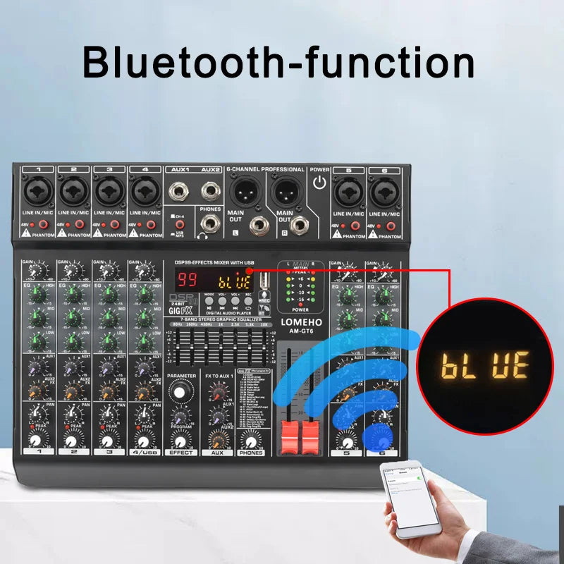 LOMEHO 6 Mono Channels Mixing Console 99 Digital Effects Bluetooth USB PC Sound Audio Mixer with 48V for Karaoke Church AM-GT6