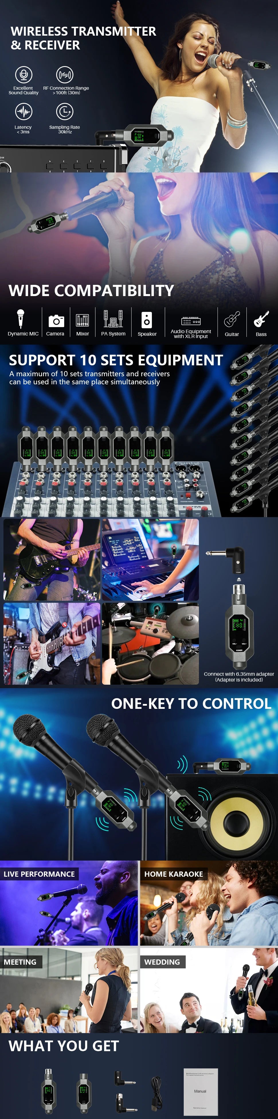 Wired to Wireless Microphone System Wireless Microphone Converter XLR Transmitter and Receiver for Dynamic Microphone