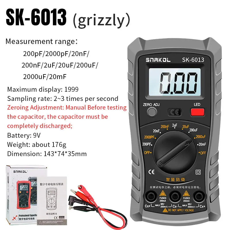 SK-6013 Digital Capacimeter Professional Capacitance Meter 20000uf Capacitor Tester 1999 Counts Electrician Multimeter