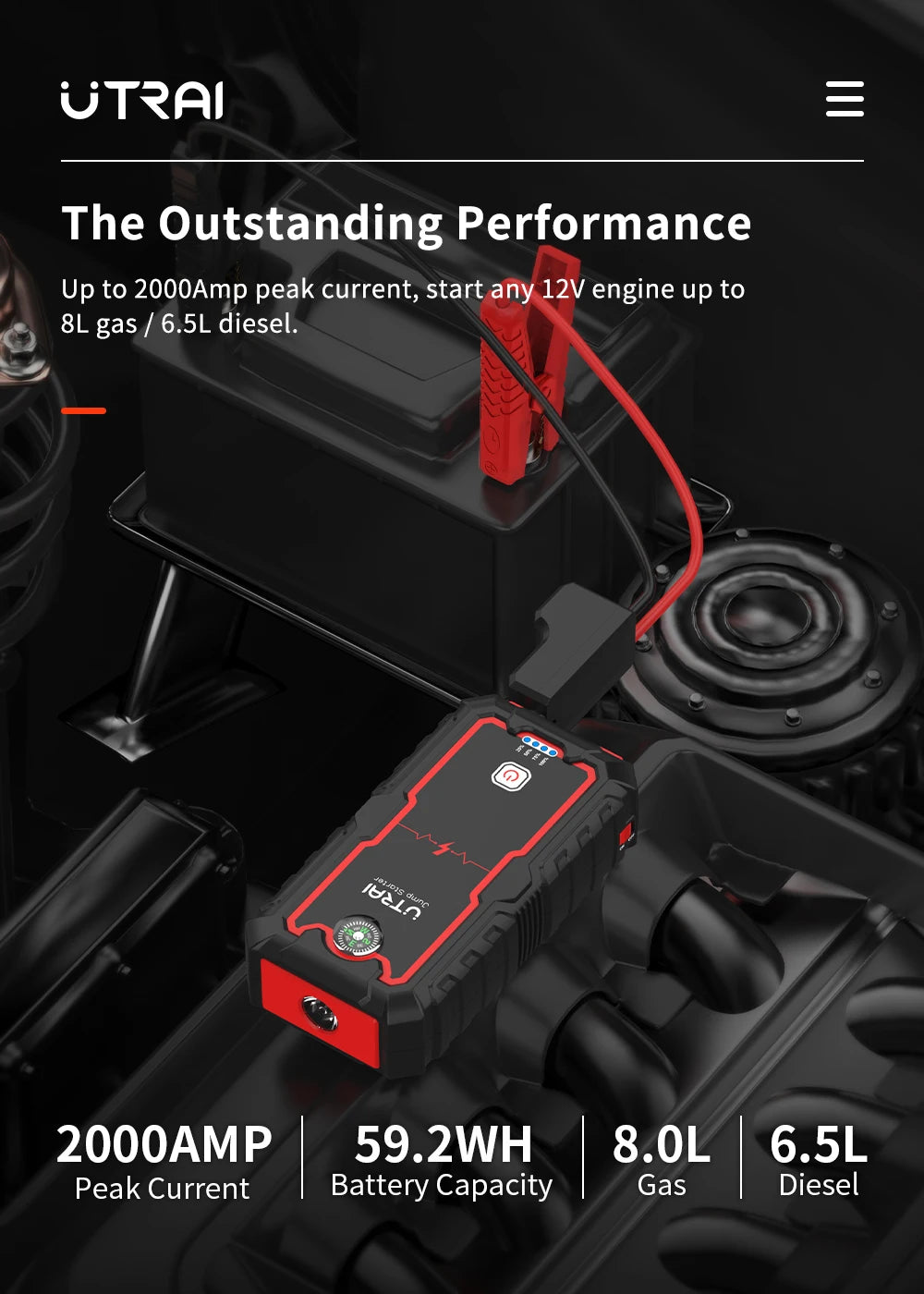 UTRAI 2000A Jump Starter Power Bank Portable Charger Starting Device For 8.0L/6.0L Emergency Car Battery Jump Starter
