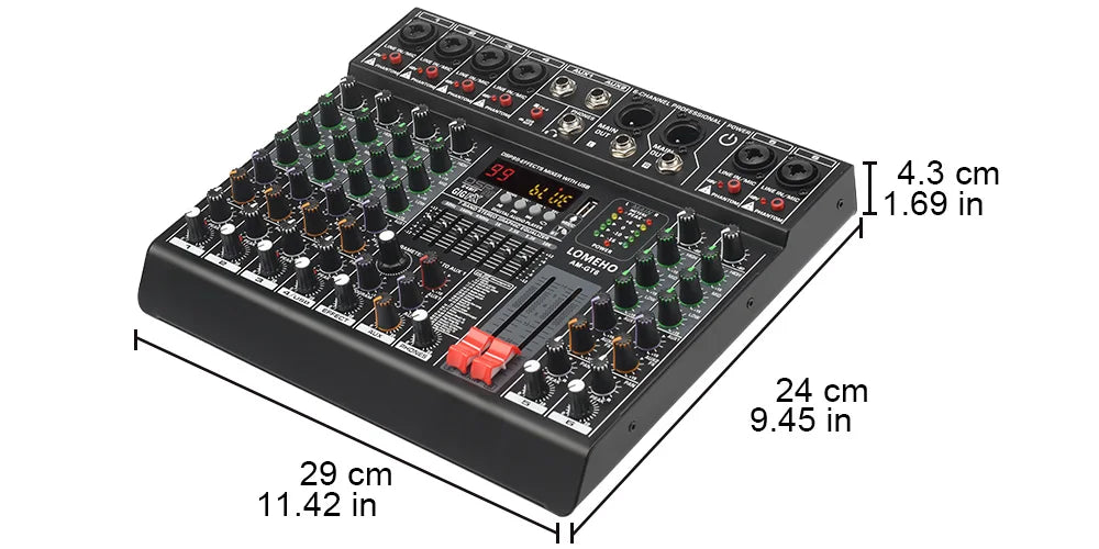 LOMEHO 6 Mono Channels Mixing Console 99 Digital Effects Bluetooth USB PC Sound Audio Mixer with 48V for Karaoke Church AM-GT6