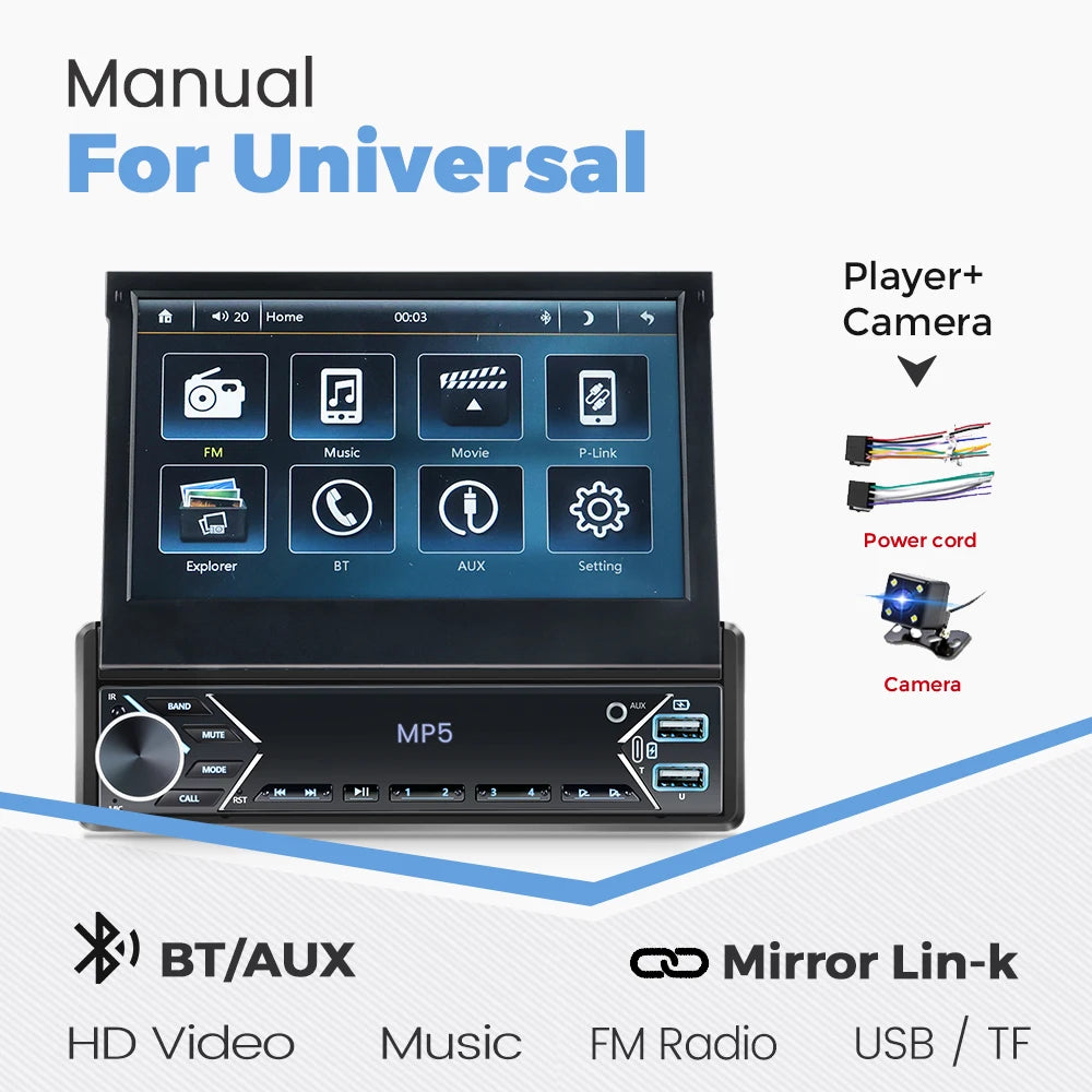 MEKEDE 1Din 7" Retractable Screen MP5 Player Car Radio Android Auto Carplay Universal GPS Navi Car Multimedia Intelligent System