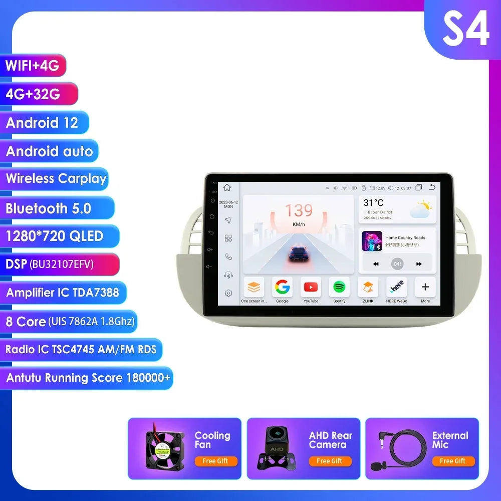 4G Carplay 2Din Android Auto Radio for FIAT 500 Car Multimedia Player Stereo GPS Navigation DVD Video DSP RDS DTV AM FM Audio BT
