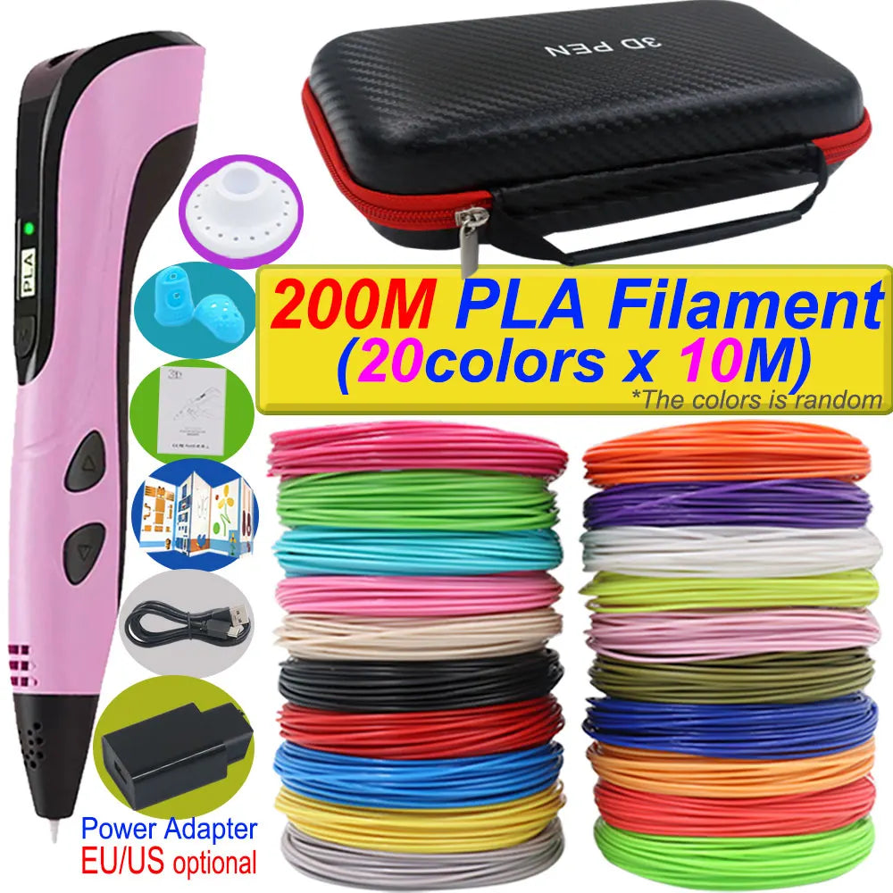2025 New 3D Printing Pen DIY Three-dimensional Painting Children Toys With LCD Screen Power Adapter 200M PLA Filament Toys Gift