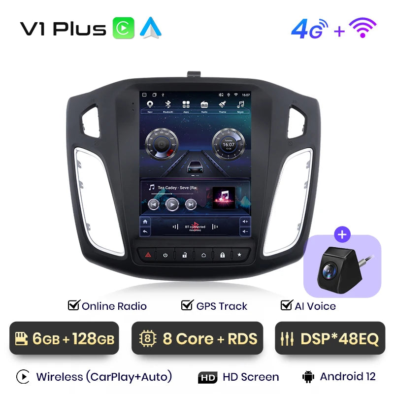 Junsun For Tesla Style Android Auto 4G Wireless Carplay DSP Car Radio Multimedia Player For Ford Focus MK 3 2012-2017 no 2din