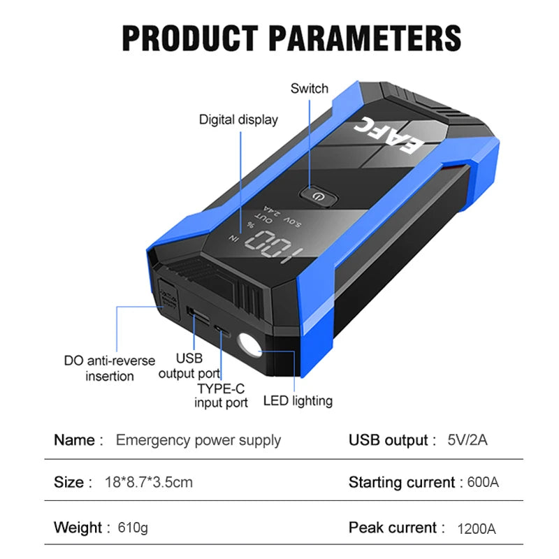 EAFC 2000A/1200A Portable Car Portable Jump Starter With Power Bank Fast Charge 12V Auto Battery Charger Booster Starting Device