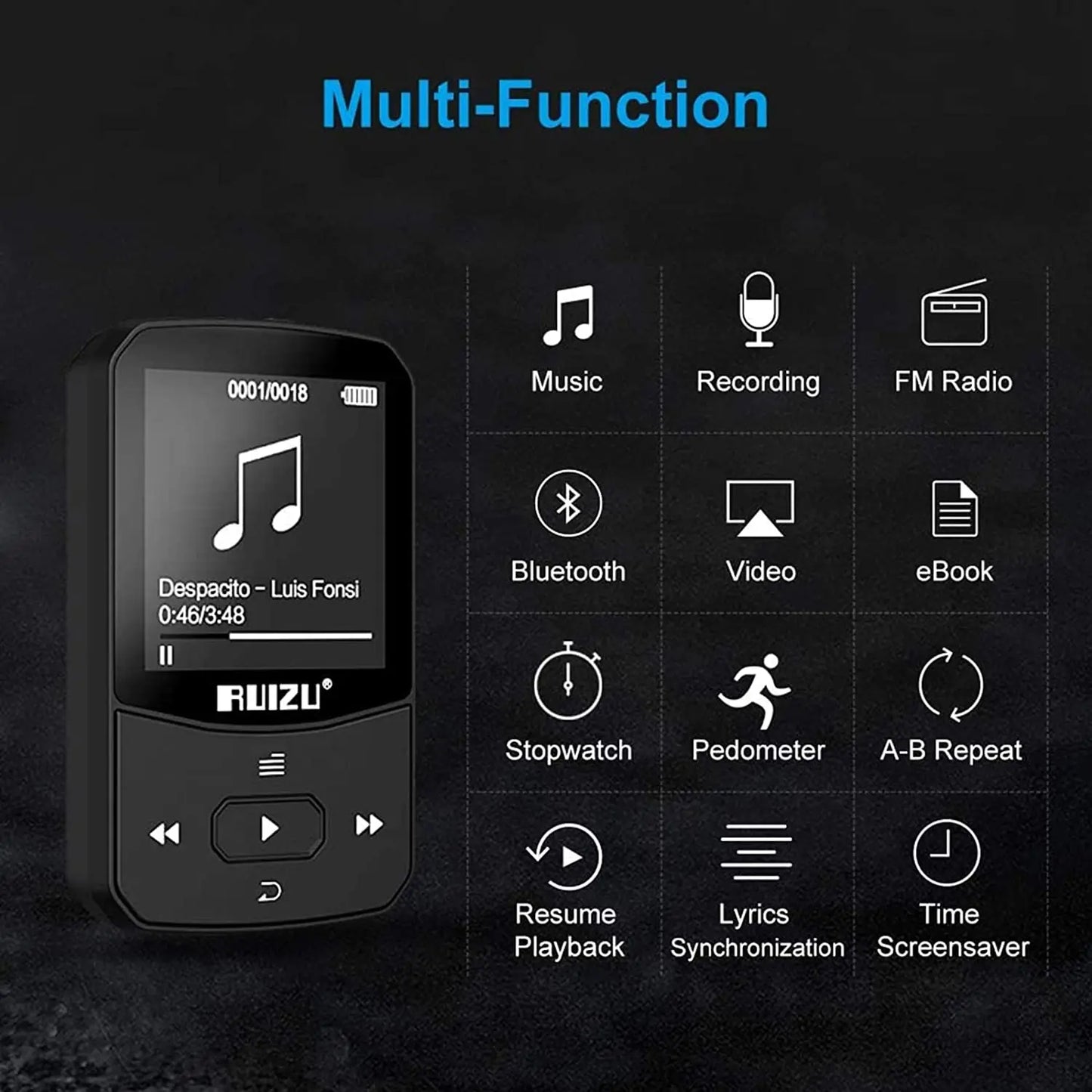 RUIZU X52 Sport Bluetooth 5.0 MP3 Music Player  Clip Mini Portable Walkman with Screen FM,Recorder,E-Book,Clock,Pedometer