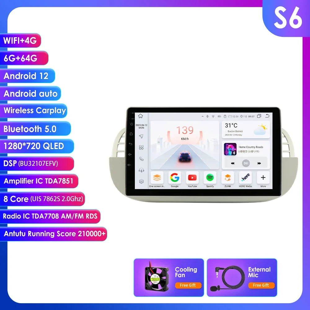 4G Carplay 2Din Android Auto Radio for FIAT 500 Car Multimedia Player Stereo GPS Navigation DVD Video DSP RDS DTV AM FM Audio BT