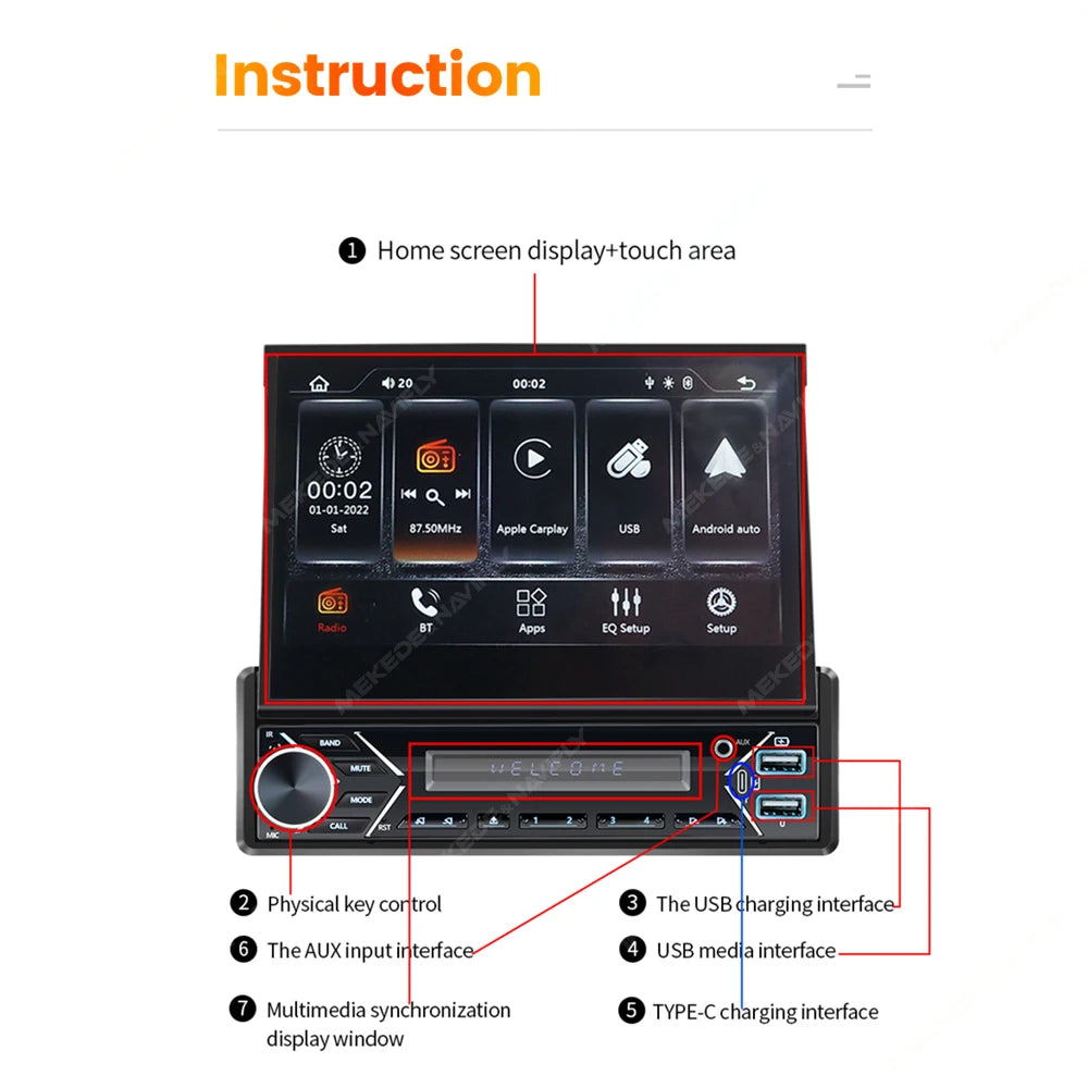 MEKEDE 1Din 7" Retractable Screen MP5 Player Car Radio Android Auto Carplay Universal GPS Navi Car Multimedia Intelligent System