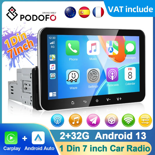 Podofo 2+32G Android Car Radio 7'' 1Din Multimedia Player Carplay Android Auto GPS Navigation WIFI EQ Split Screen Car Stereo