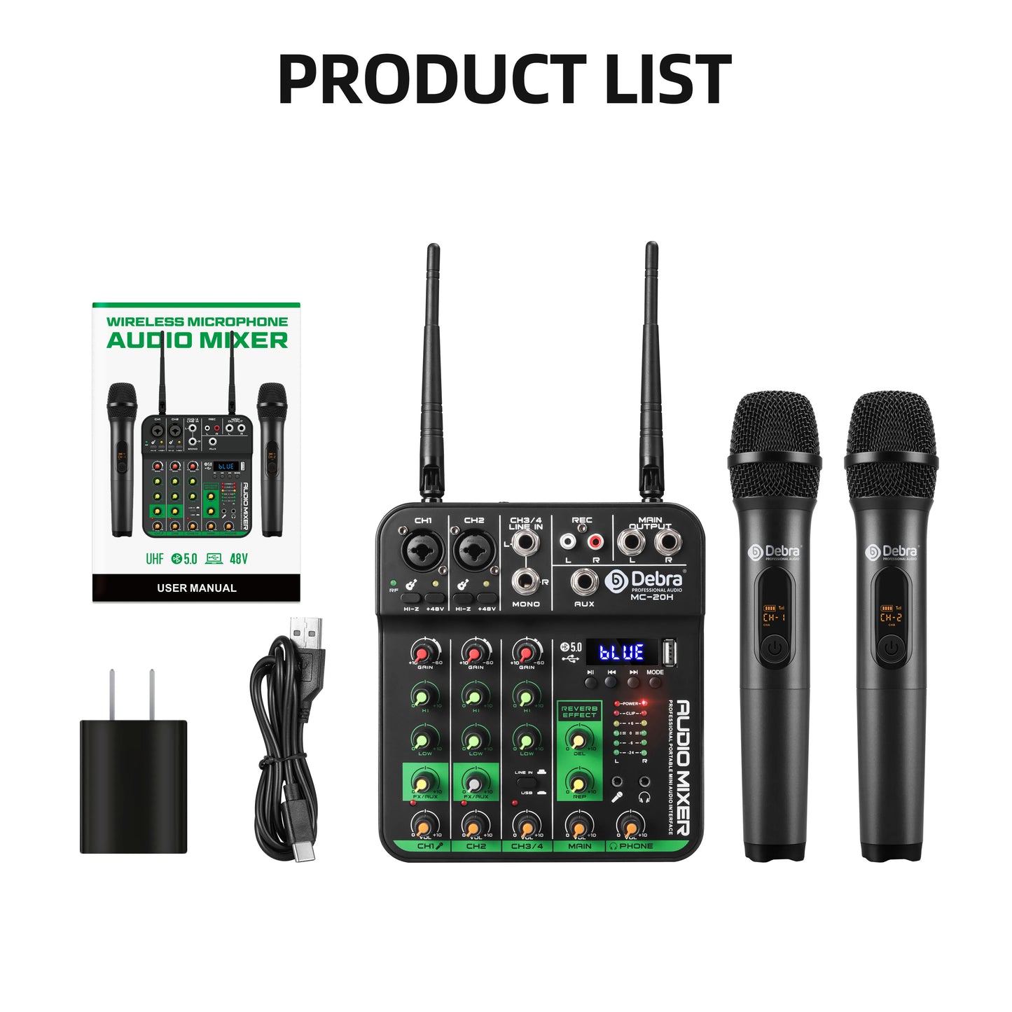 Debra 4 Channels Audio Mixer UHF Wireless Microphone Audio Interface Mixing Console Bluetooth Record PC  Delay Repaeat Effect