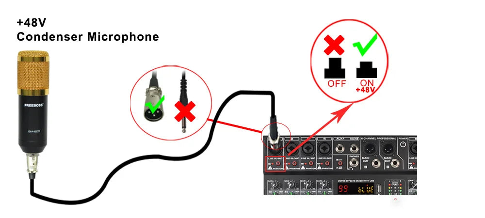 LOMEHO 6 Mono Channels Mixing Console 99 Digital Effects Bluetooth USB PC Sound Audio Mixer with 48V for Karaoke Church AM-GT6