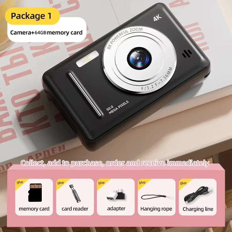 2025 New 4K Digital Camera Retro CCD 50 Million Pixels Portable Card Camera Entry-level Camera Dual Cam Flash 8X Zoom Auto Focus
