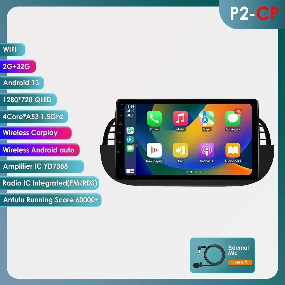 4G Carplay 2Din Android Auto Radio for FIAT 500 Car Multimedia Player Stereo GPS Navigation DVD Video DSP RDS DTV AM FM Audio BT