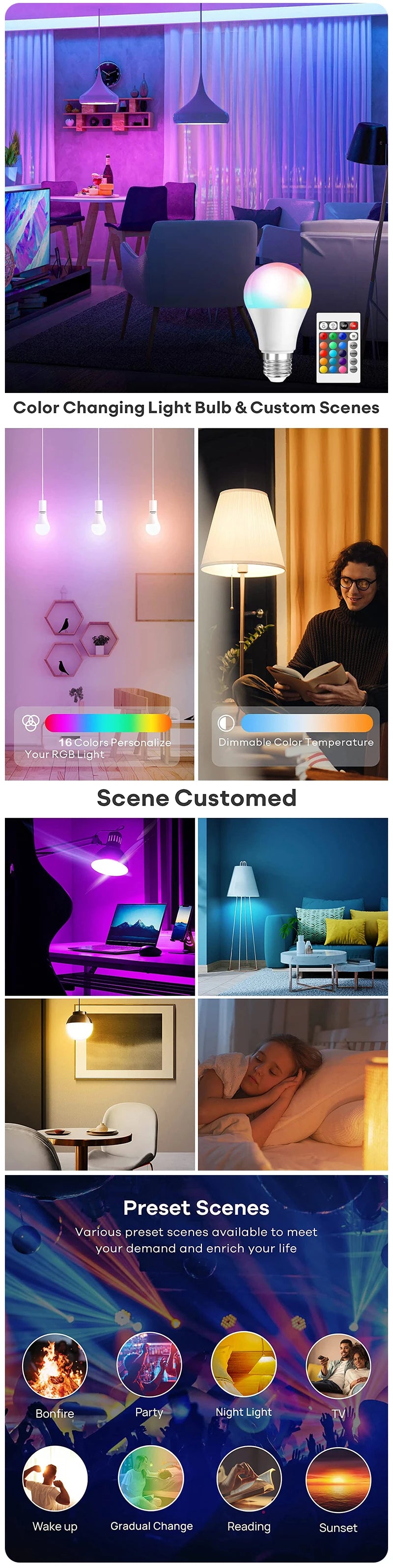 16 Colors RGB Bulb LED Multicolor Bulb E27 Base 220V Household Lighting Dimmable 24 Key Remote Control Atmosphere Neon Light