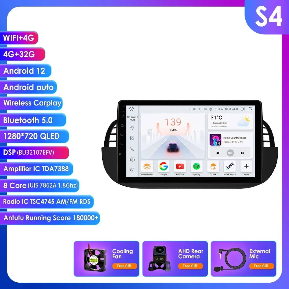 4G Carplay 2Din Android Auto Radio for FIAT 500 Car Multimedia Player Stereo GPS Navigation DVD Video DSP RDS DTV AM FM Audio BT