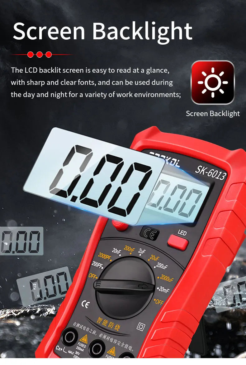 SK-6013 Digital Capacimeter Professional Capacitance Meter 20000uf Capacitor Tester 1999 Counts Electrician Multimeter