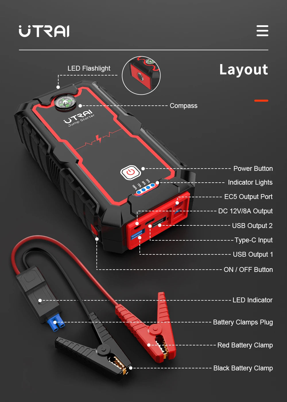UTRAI 2000A Jump Starter Power Bank Portable Charger Starting Device For 8.0L/6.0L Emergency Car Battery Jump Starter