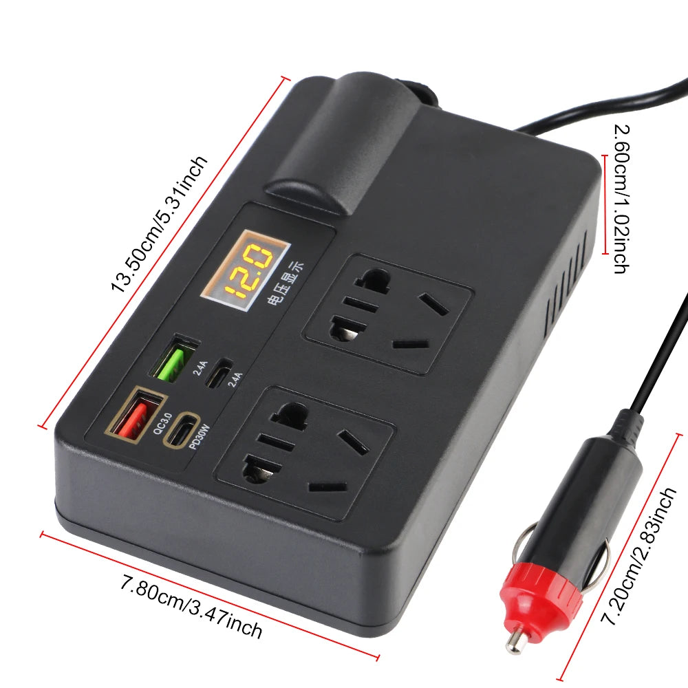 220W Power Inverter Car Mounted Solar Inverter USB Voltage Transformer Portable DC 12V To AC 220V Conversion USB Battery Clip