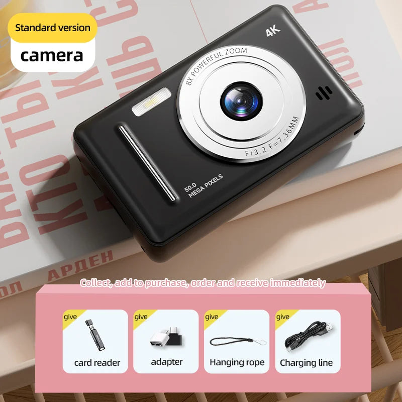 2025 New 4K Digital Camera Retro CCD 50 Million Pixels Portable Card Camera Entry-level Camera Dual Cam Flash 8X Zoom Auto Focus