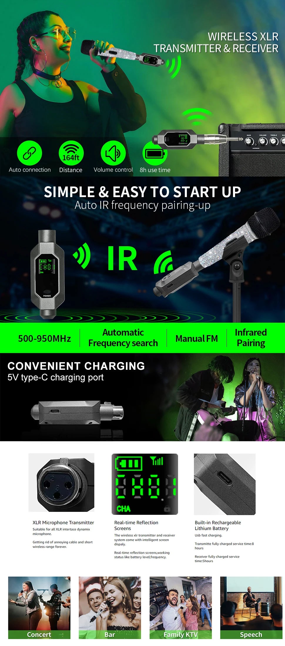 Wired to Wireless Microphone System Wireless Microphone Converter XLR Transmitter and Receiver for Dynamic Microphone