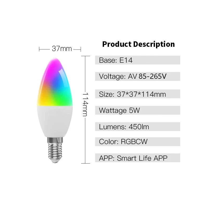 Led pirn küünal nutikas lamp E14 TUYA Bluetooth hämardatav RGB valgus 220 V APP grupi juhtimine Nutikas elu kodu ruumi kaunistamiseks