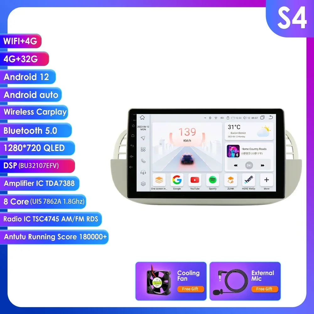 4G Carplay 2Din Android Auto Radio for FIAT 500 Car Multimedia Player Stereo GPS Navigation DVD Video DSP RDS DTV AM FM Audio BT
