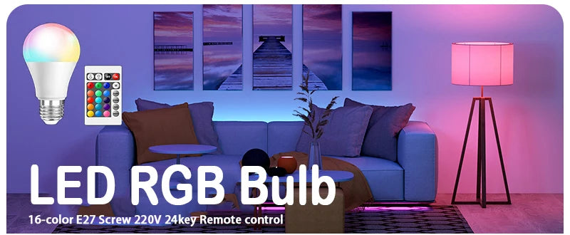 16 Colors RGB Bulb LED Multicolor Bulb E27 Base 220V Household Lighting Dimmable 24 Key Remote Control Atmosphere Neon Light