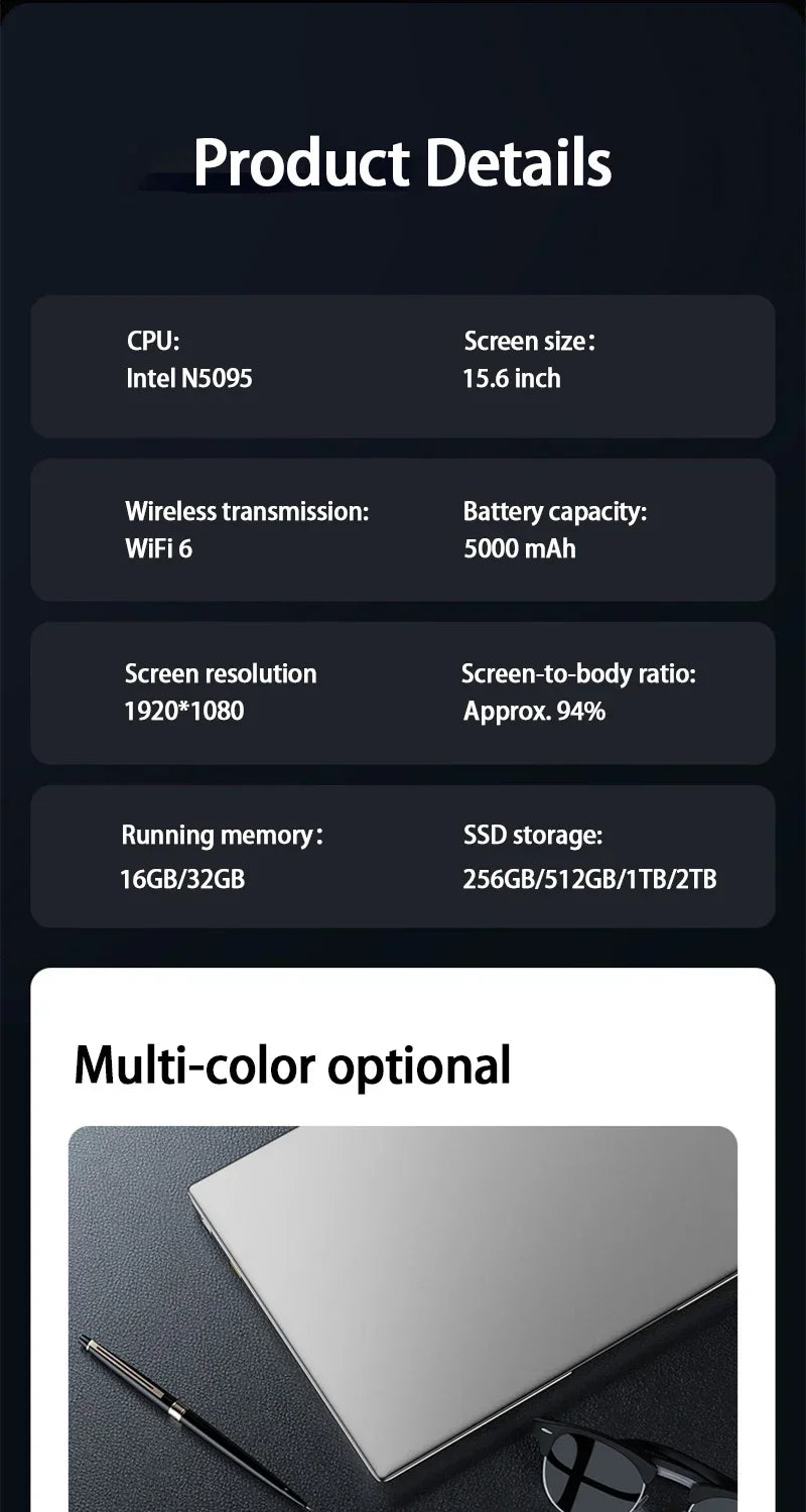 Brand 15.6" Inch Laptop 32GB RAM DDR4 2TB SSD ROM Windows 11 Pro Fingerprint Unlock Backlit Keyboard Portable Office Notebook