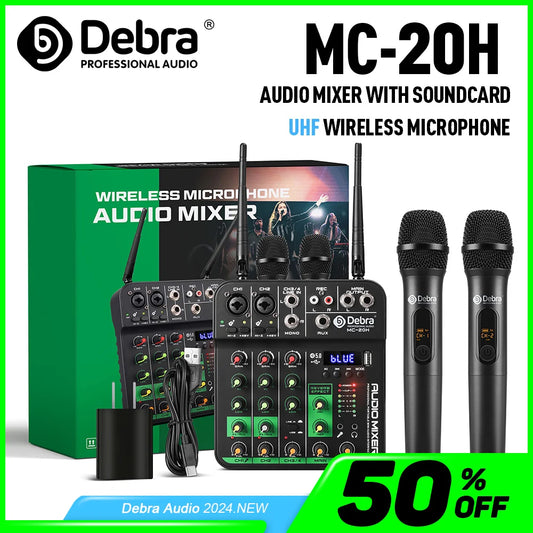 Debra 4 Channels Audio Mixer UHF Wireless Microphone Audio Interface Mixing Console Bluetooth Record PC  Delay Repaeat Effect