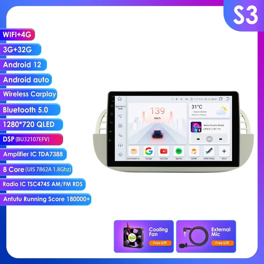 4G Carplay 2Din Android Auto Radio for FIAT 500 Car Multimedia Player Stereo GPS Navigation DVD Video DSP RDS DTV AM FM Audio BT