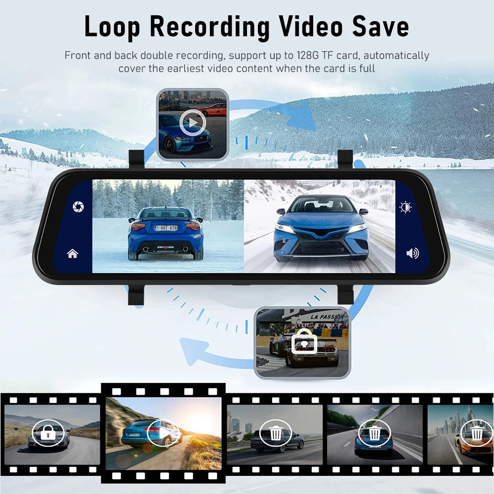 Podofo 9,66" 1080P Dash Cam CarPlay Mirror Monitor Takakamera Android Auto IPS Kosketusnäyttö Auto ADAS DVR Videotallennus
