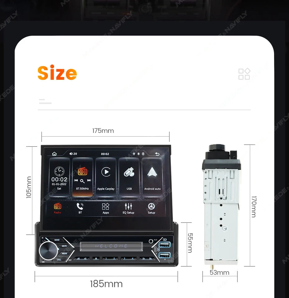 MEKEDE 1Din 7" Retractable Screen MP5 Player Car Radio Android Auto Carplay Universal GPS Navi Car Multimedia Intelligent System